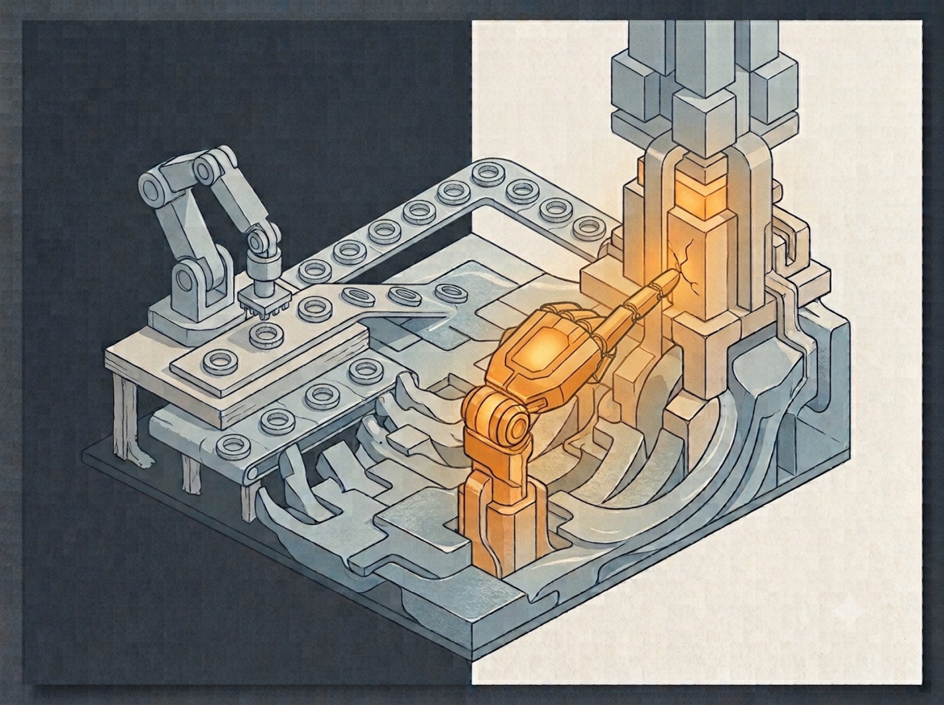 Two robotic hands: one stamps out identical parts on an assembly line, the other points at a single hidden crack a human overlooked.