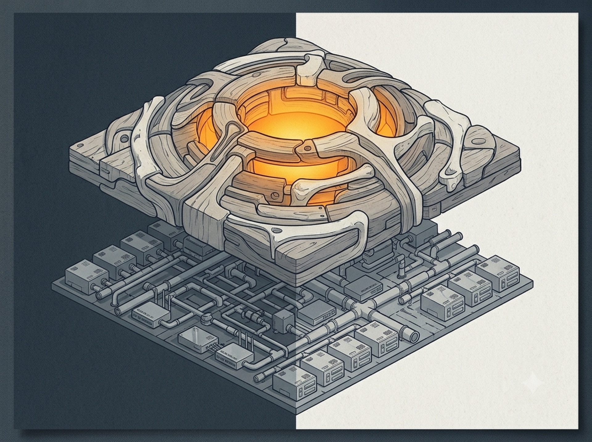 A cross-section of two stacked layers: a uniform industrial plumbing grid below, and a hand-crafted set of interlocking pieces wrapping a glowing core above.