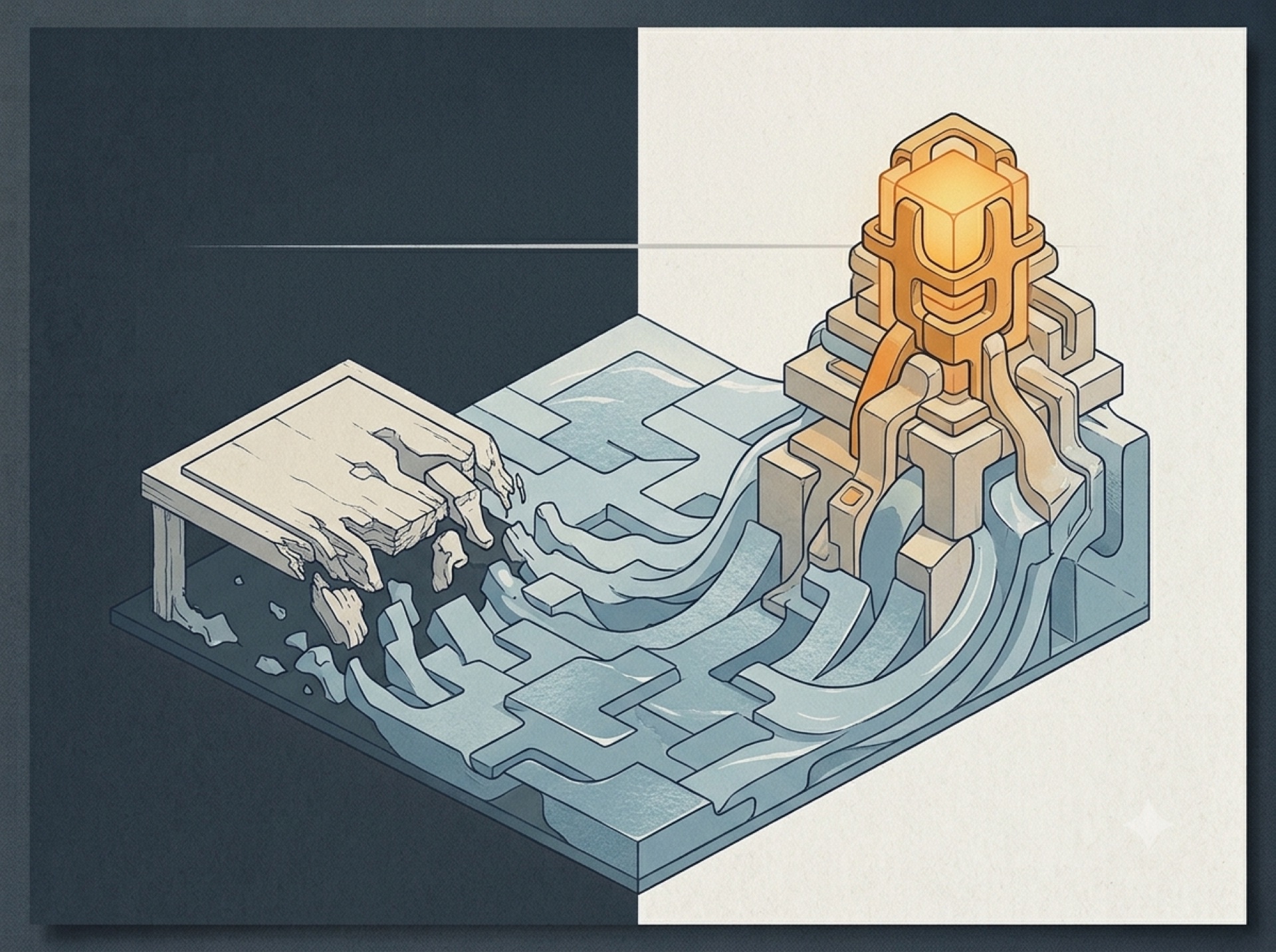 A rising tide: on the left a platform sinks and dissolves, on the right a structure rises and grows stronger — eroded and amplified by the same water.