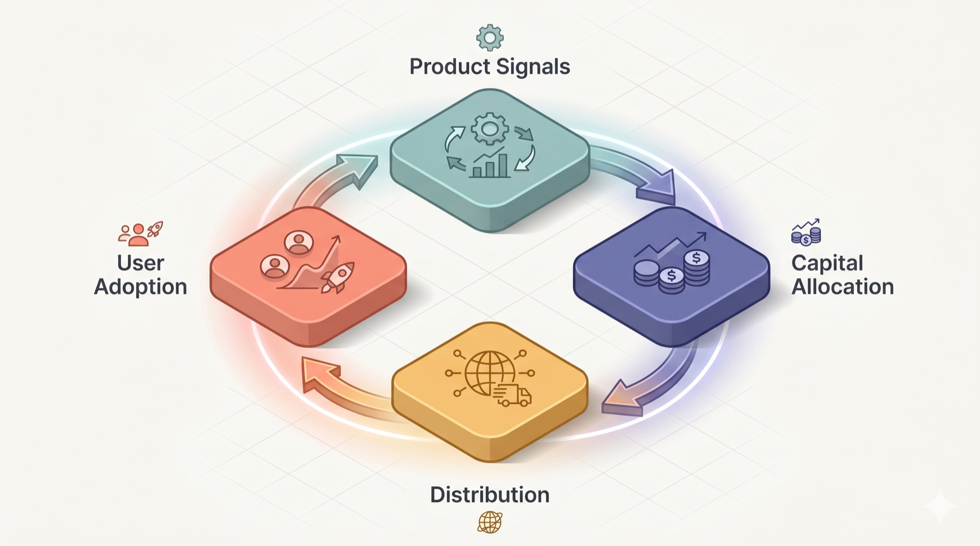 A four-node feedback loop — Product Signals, Capital Allocation, Distribution, User Adoption — flowing clockwise to illustrate the compounding machine.