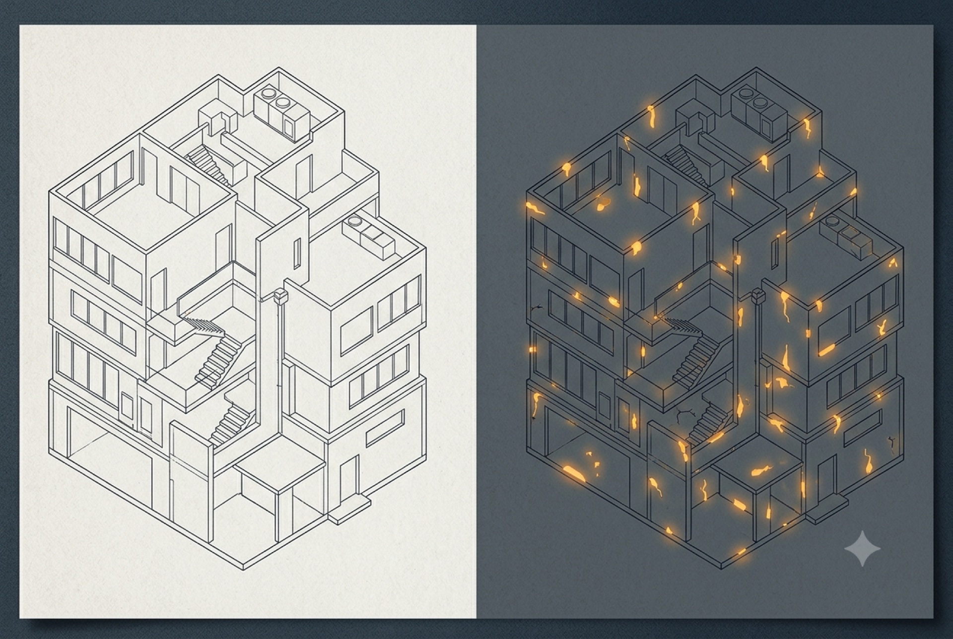 The same blueprint shown twice — the left copy looks complete, the right under different light reveals dozens of glowing flaws invisible before.