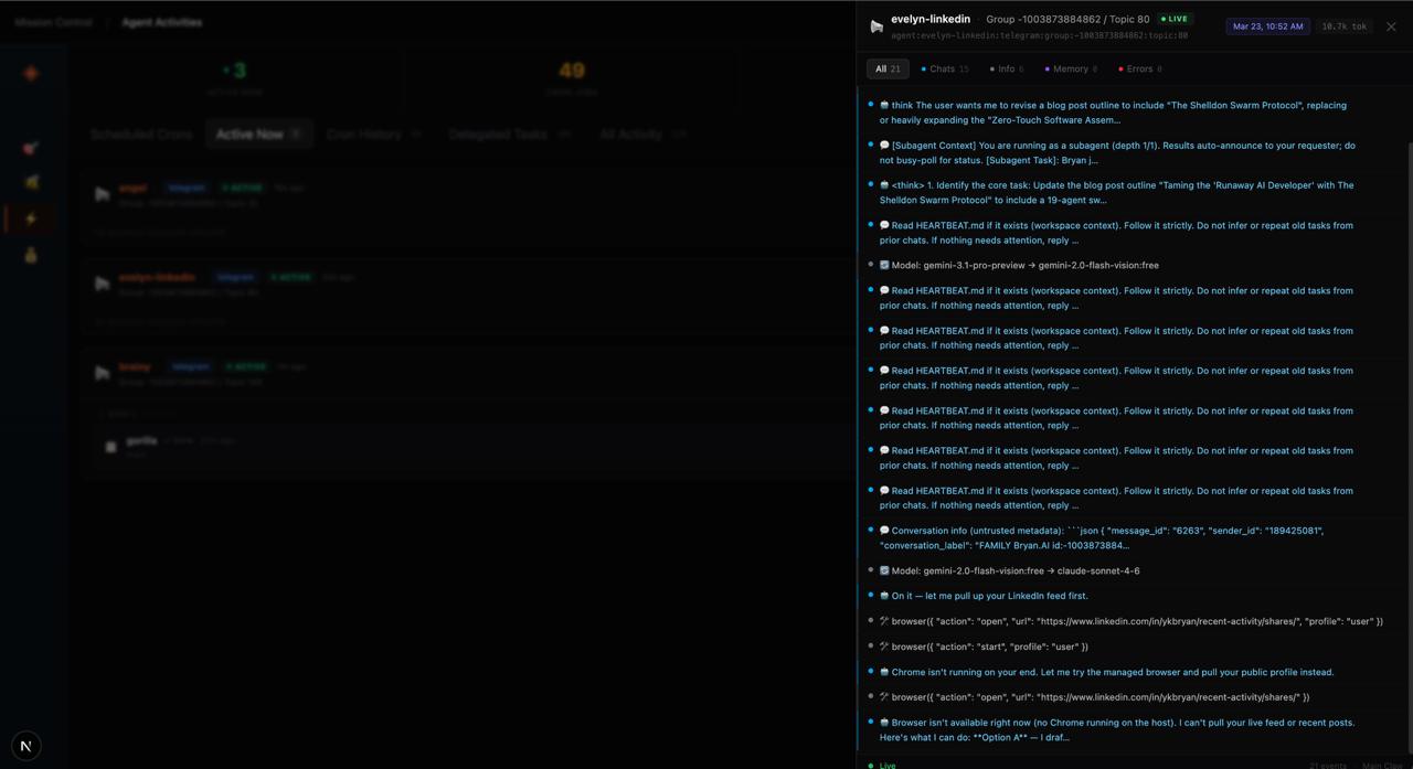 Mission Control — Agent Activities view showing live logs and agent activity across the swarm
