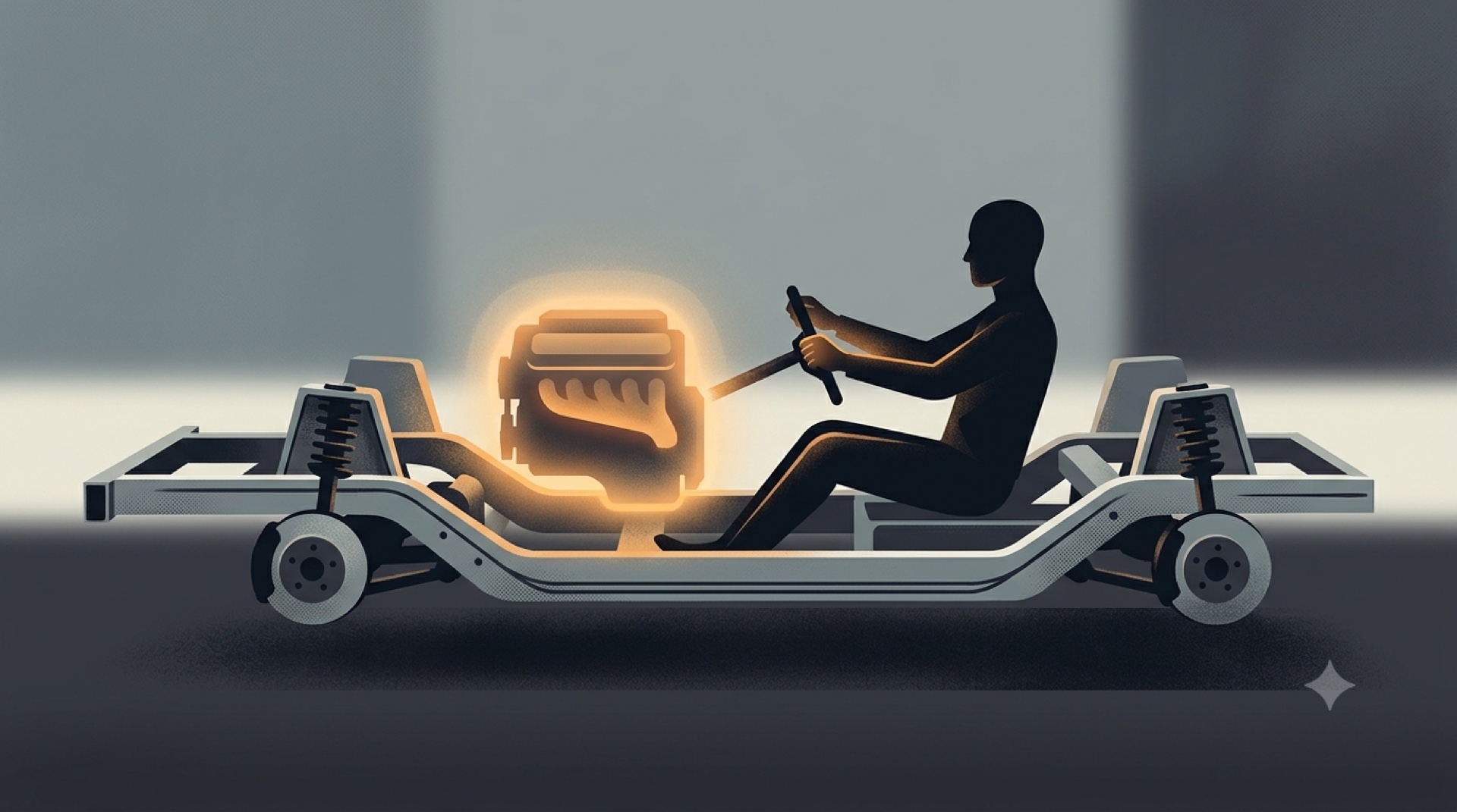 A bare car chassis with a glowing swappable engine and a single human silhouette at the wheel — the engine is interchangeable, the operator is not.