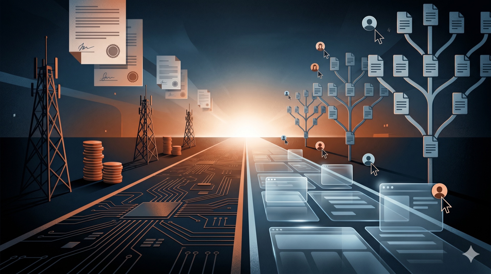Two roads converge on a single horizon — one paved with circuit boards, coins, and telecom towers; the other with collaborative document trees and UI cards.