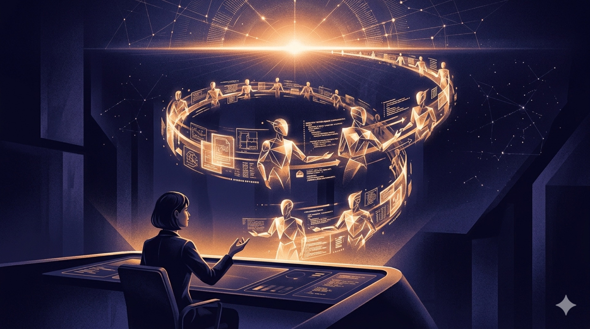 A human operator at a console directing a luminous loop of AI agents building the next AI — recursive self-improvement as a quiet compounding machine.
